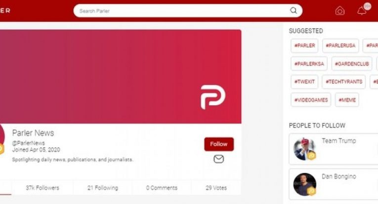 Página inicial do Parler, uma das redes sociais alternativas que, por pressão das grandes plataformas, tiveram que adotar mecanismos de moderação (Reprodução)
