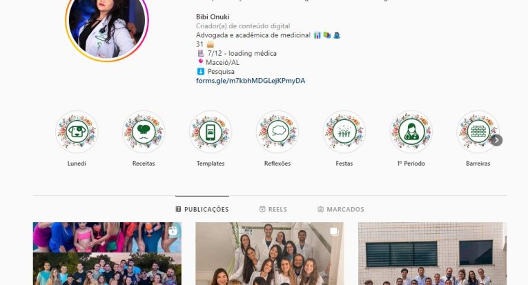 Perfis do Instagram, como o da aluna de Medicina Bibiana Onuki, da Unit Alagoas, vêm sendo mais utilizados para passar dicas e informações que ajudem os estudantes (Reprodução)

