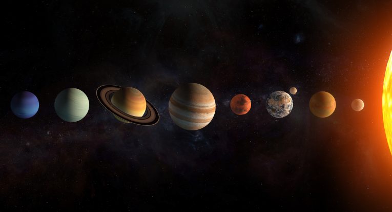 Solar system planets set. The Sun and planets in a row on universe stars background.Elements of this image furnished by NASA. 3d illustration